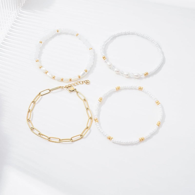 Pymach Store Dainty Gold Plated Pearl Crystal Beaded Bracelets Set for Women 14K Gold Plated Bead Pearl Beads Bracelet Stackable Paperclip Link Chain Bracelets Gold Plated Bracelets for Women Trendy Jewelry - Image 3